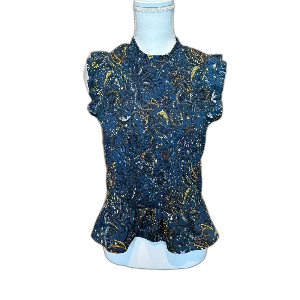 Goodthreads Smocked Ruffle Sleeveless Blouse Medium High Neck Navy Floral Multi